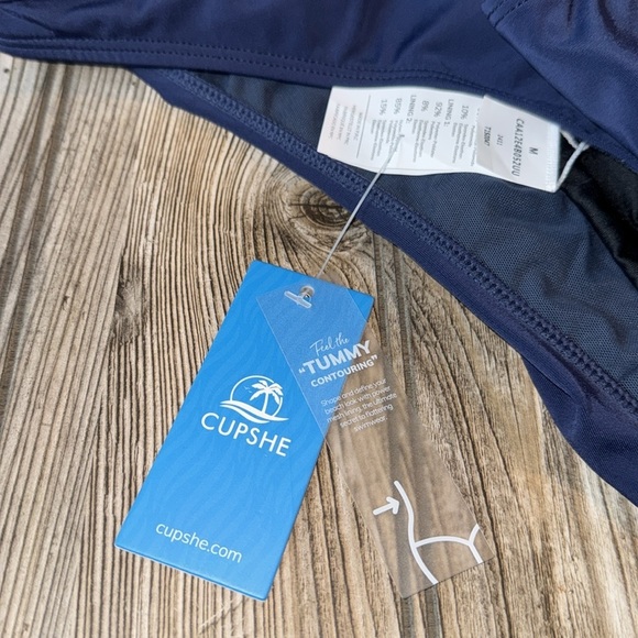 Cupshe Navy One-Shoulder Swimsuit NEW medium mesh detail tummy flattering - Picture 6 of 6